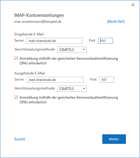 Outlook, Tragen sie die Serverdaten für Eingehende und Ausgehende E-Mails ein.